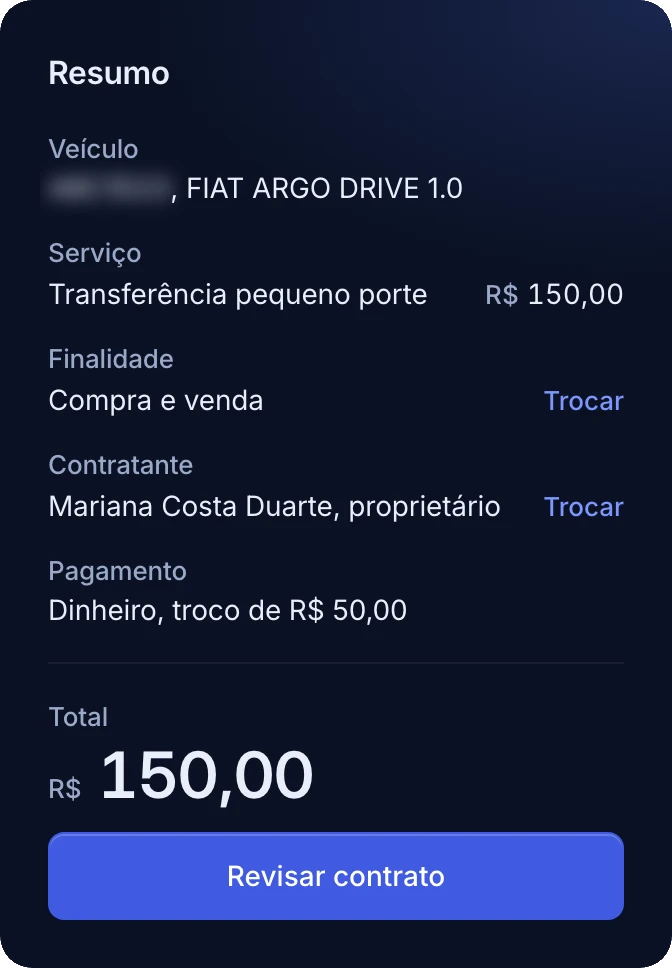 Resumo de uma OS na Nova OS, em azul-marinho: o veículo, o serviço com o valor, a finalidade, o contratante, a forma de pagamento com o troco e o total, acima do botão Revisar contrato.